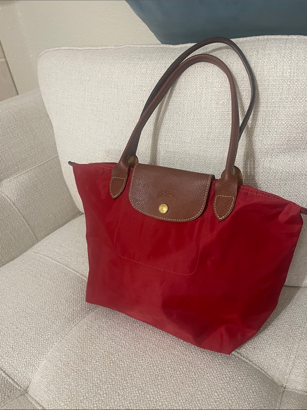 Longchamp Red Tote with Brown Leather Trim